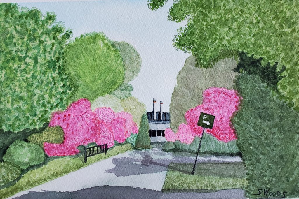 A watercolour painting of the entrance to an industrial building, its driveway lined in flowering trees