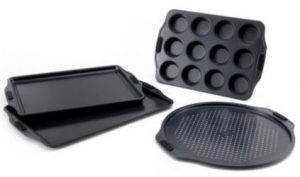 a set of baking pans including a muffin tray and a pizza pan