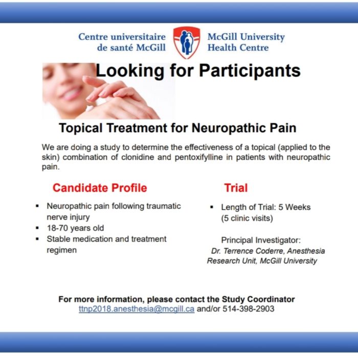 a poster describing a clinical trial taking place at the McGill University Health Centre (MUHC), for neuropathic pain