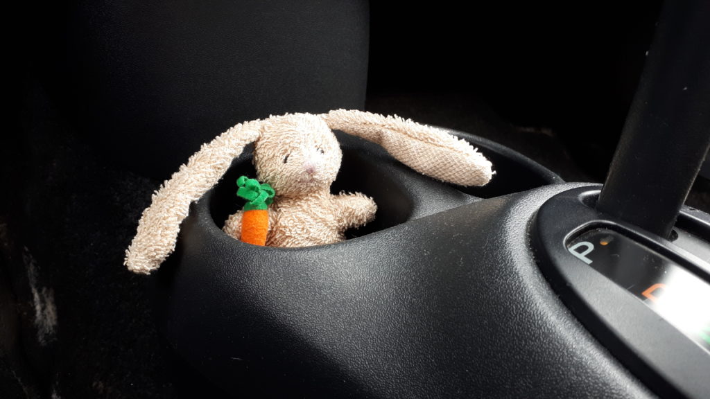a small plush rabbit, perched in the cup-holder of a car