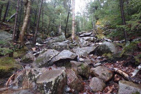 a steep, and very wet, hiking trail up large boulders