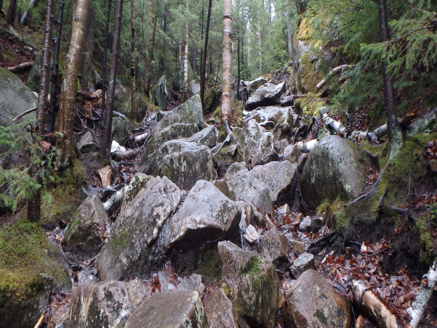 a steep, and very wet, hiking trail up large boulders