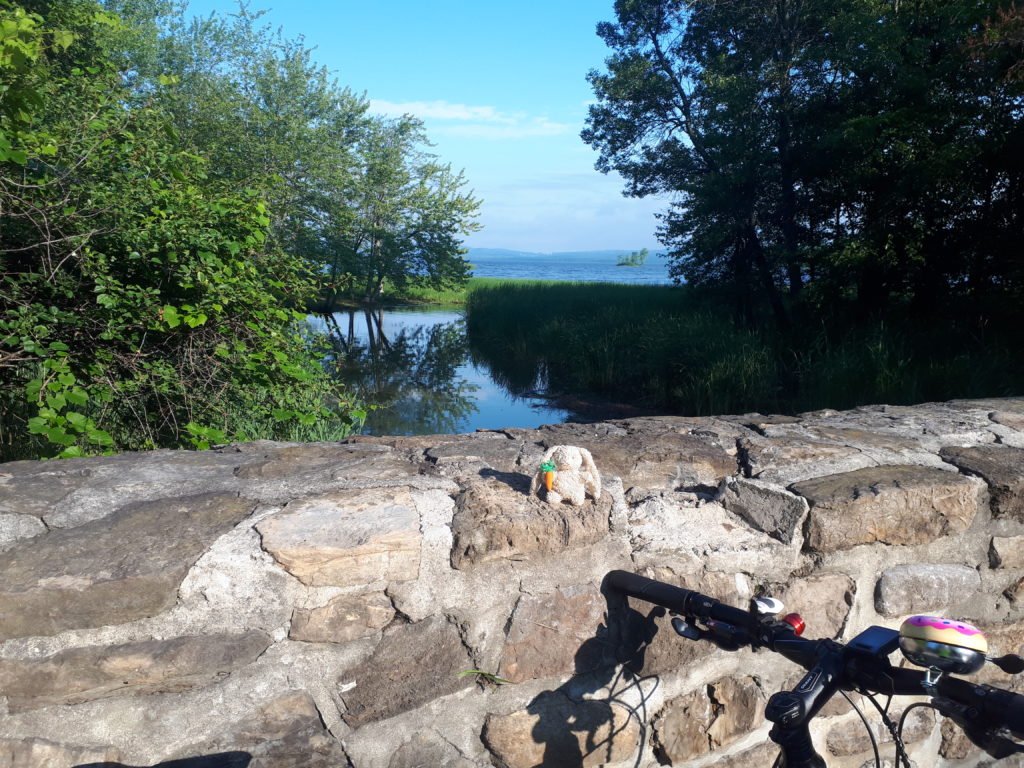 a bicycle leaning on the stone wall of an old bridge, overlooking a lake