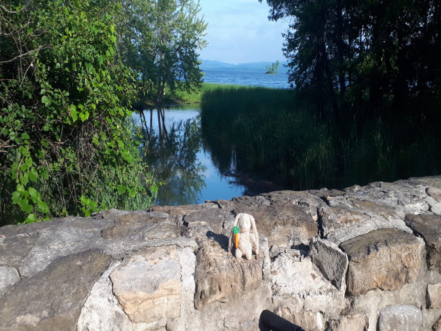 a bicycle leaning on the stone wall of an old bridge, overlooking a lake