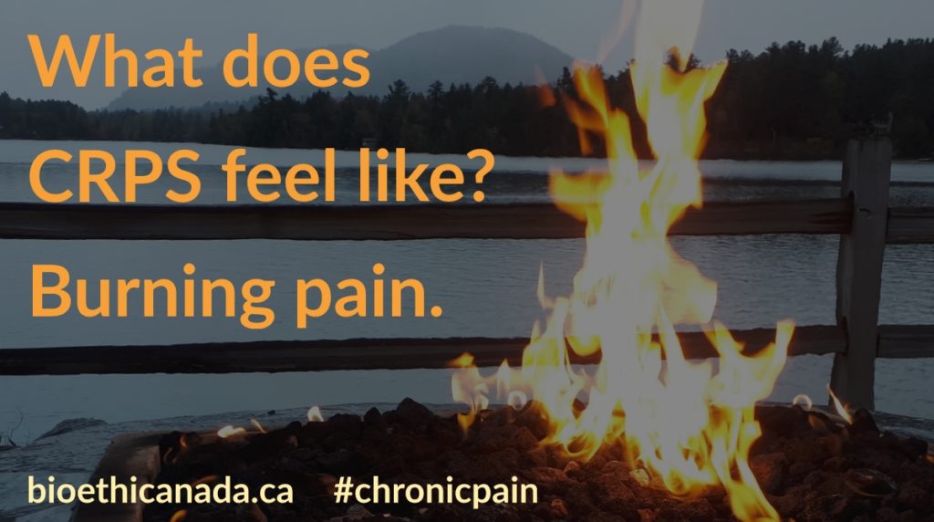 a poster of flames, with the words "What does CRPS feel like" Burning pain."