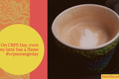 a poster of a café latté with the words "On CRPS Day, even my latté has a flame"