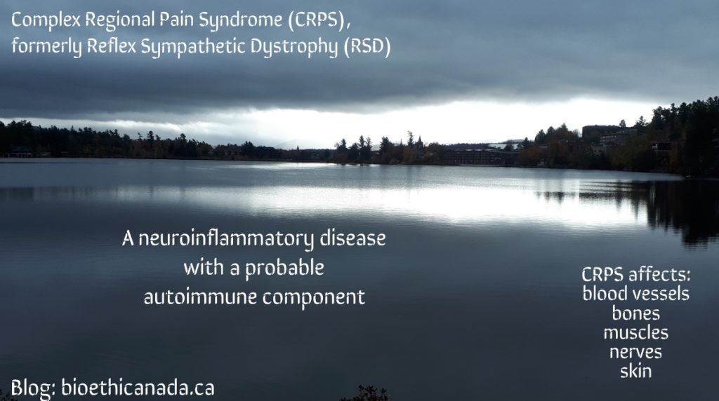 a poster of a lake, stating CRPS is "A neuroinflammatory disease with a probable autoimmune component"