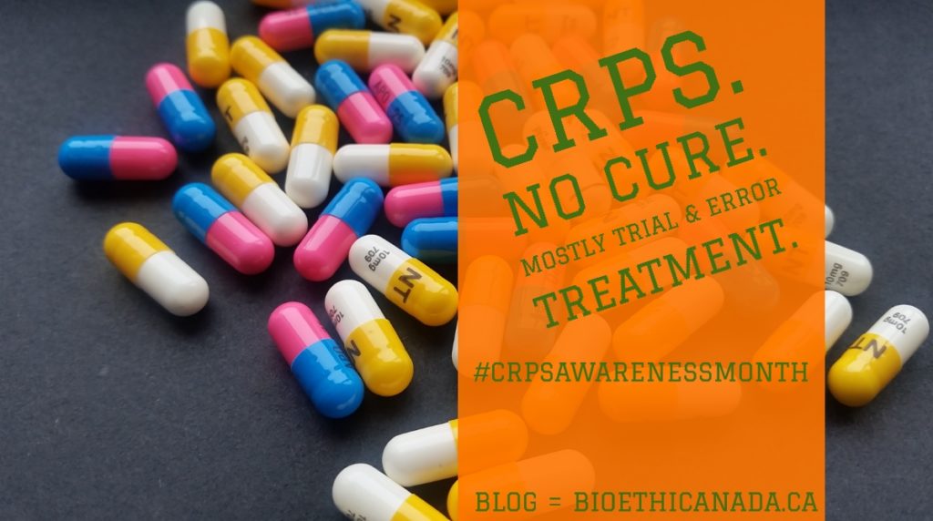 an image of a variety of pills, overlaid with the words "CRPS. No cure. Mostly trial and error treatment"