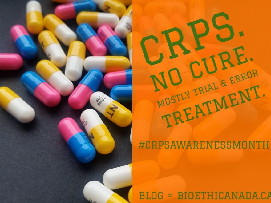 an image of a variety of pills, overlaid with the words "CRPS. No cure. Mostly trial and error treatment"