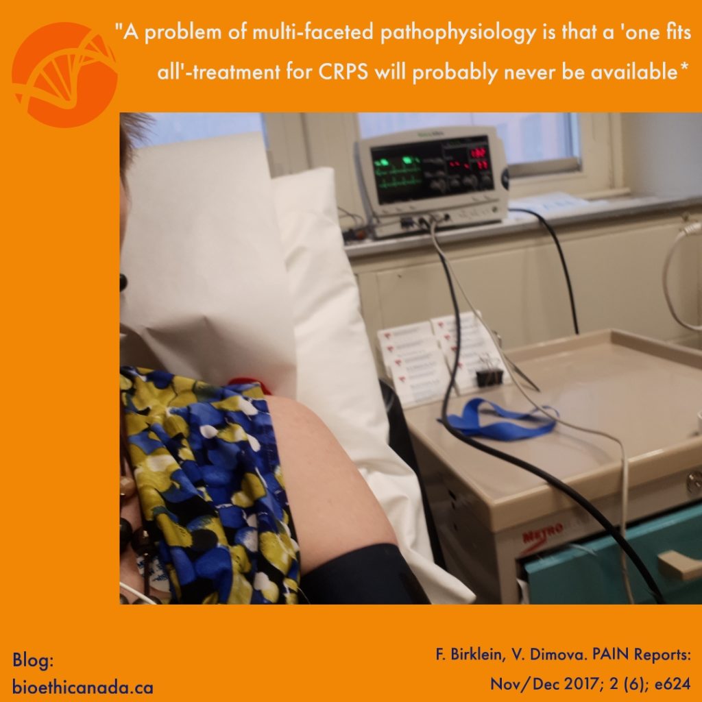 a poster showing a woman in hospital, with a quote "A problem of multi-faceted pathophysiology is that a 'one size fits all' treatment for CRPS will probably never be available", from Birklein & Dimova in Pain Reports, 2017