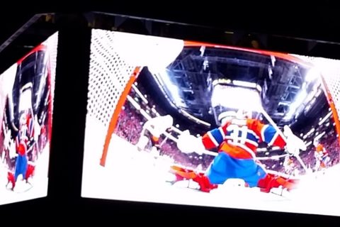 Montreal Canadiens hockey goalie Carey Price, seen on the big screen at the Bell Centre during a game