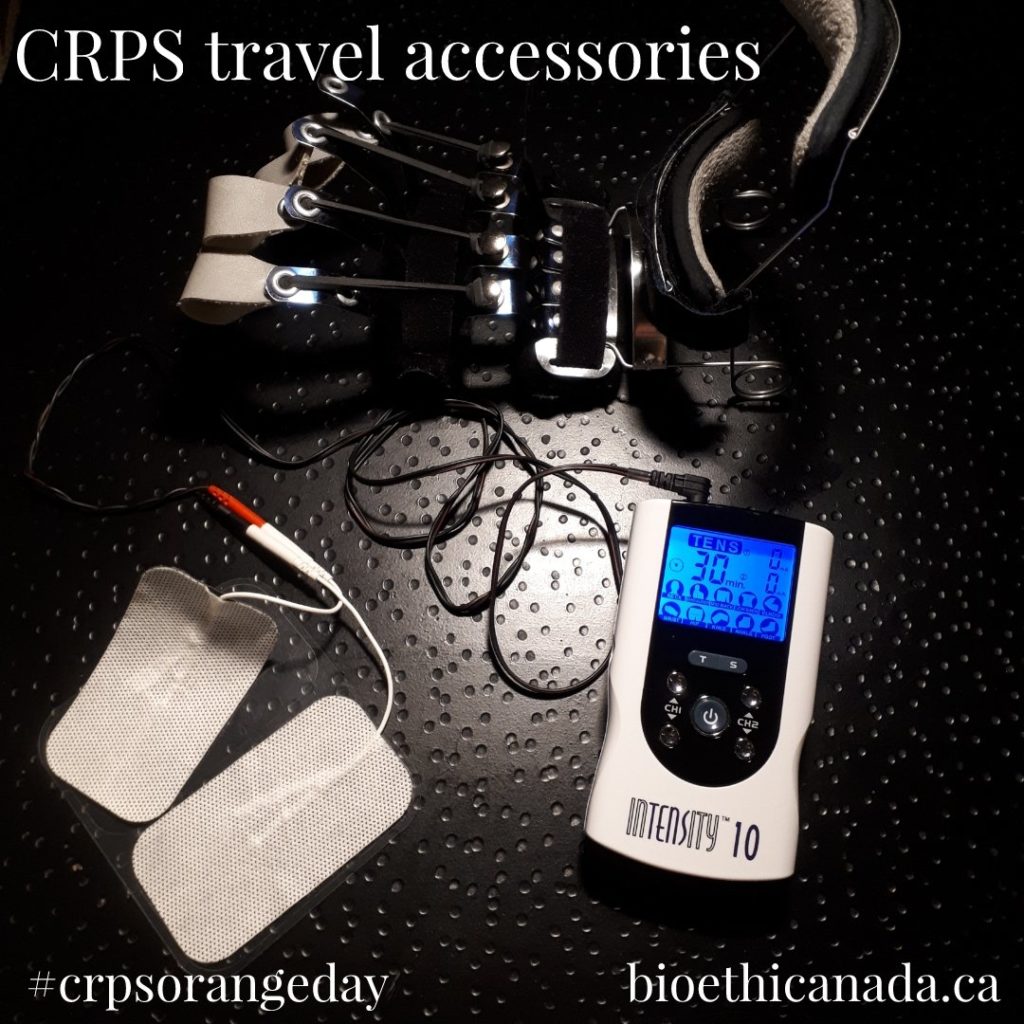 a poster stating "CRPS travel accessories", showing a TENS machine with 2 electrode patches and cables, along with a dynamic hand splint