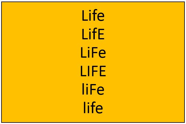a text box with the word "life" written 6 times; each time with a capital letter, or letters, in a different place