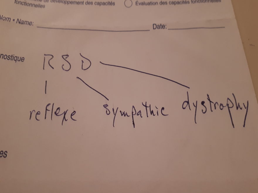 a physician's prescription note, with the handwritten words "reflexe sympathic dystrophy" instead of the correct reflex sympathetic dystrophy
