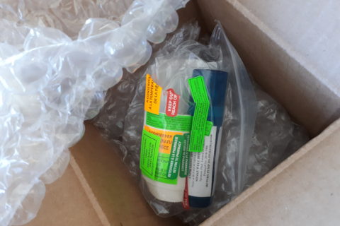 A box of clinical (medical) trial medication, for 1 patient, for two weeks