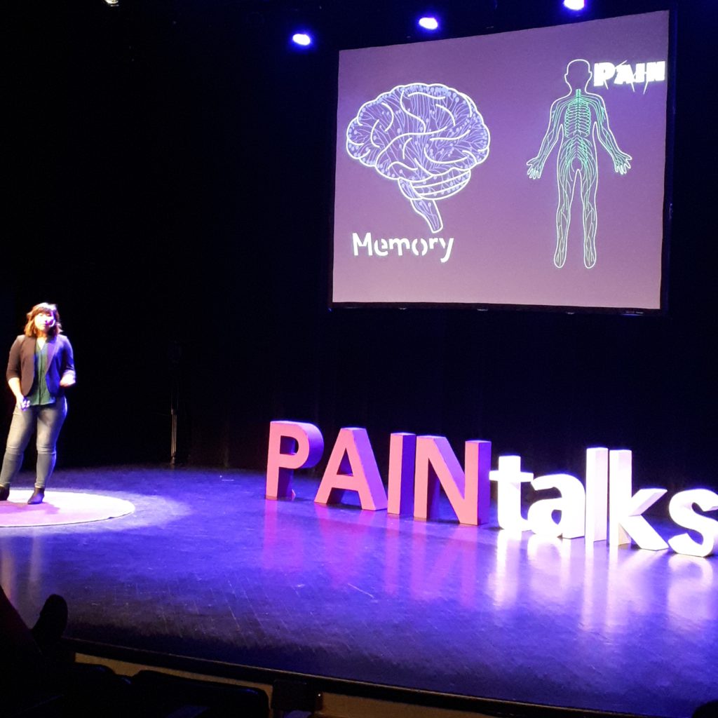 a slide from PAINtalks 2019 showing the words "Memory" and "Pain", with drawing of a brain and a human body