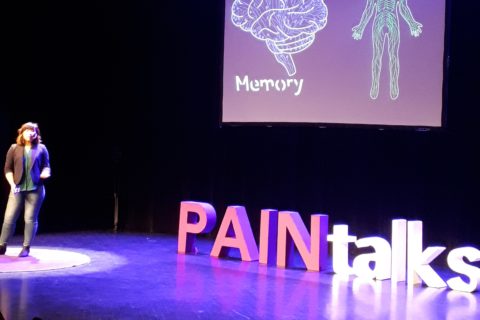 a slide from PAINtalks 2019 showing the words "Memory" and "Pain", with drawing of a brain and a human body