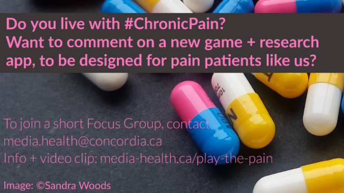 Do you live with #ChronicPain? Want to comment on a new game + research app, to be designed for pain patients like us? To join a short Focus Group, contact media.health@concordia.ca Info + video clip: media-health.ca/play-the-pain [Image: ©Sandra Woods]