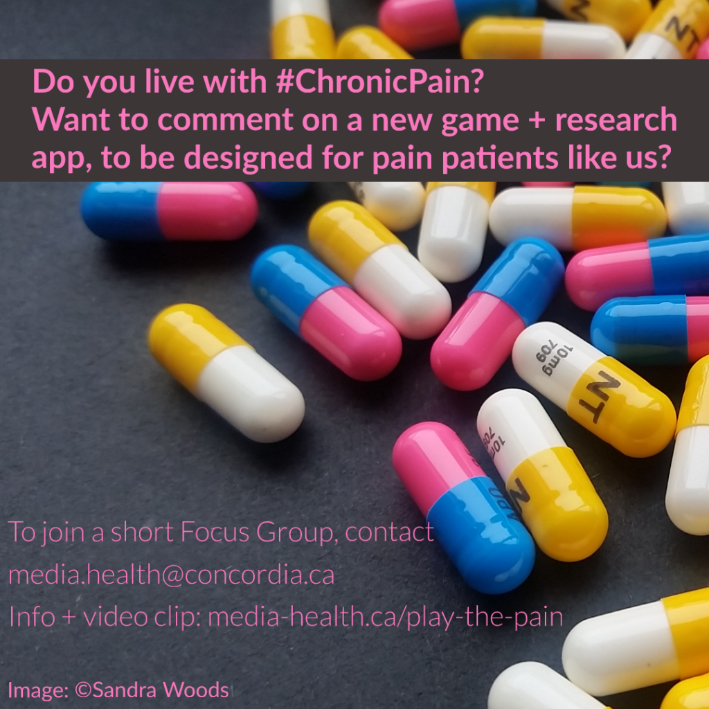 Do you live with #ChronicPain? Want to comment on a new game + research app, to be designed for pain patients like us? To join a short Focus Group, contact media.health@concordia.ca Info + video clip: media-health.ca/play-the-pain [Image: ©Sandra Woods]