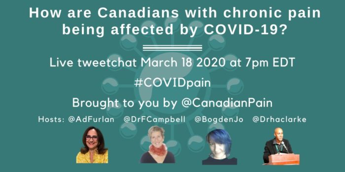 Canadian Pain Society notice for a tweetchat: "“How are Canadians with chronic pain being affected by COVID19?”"