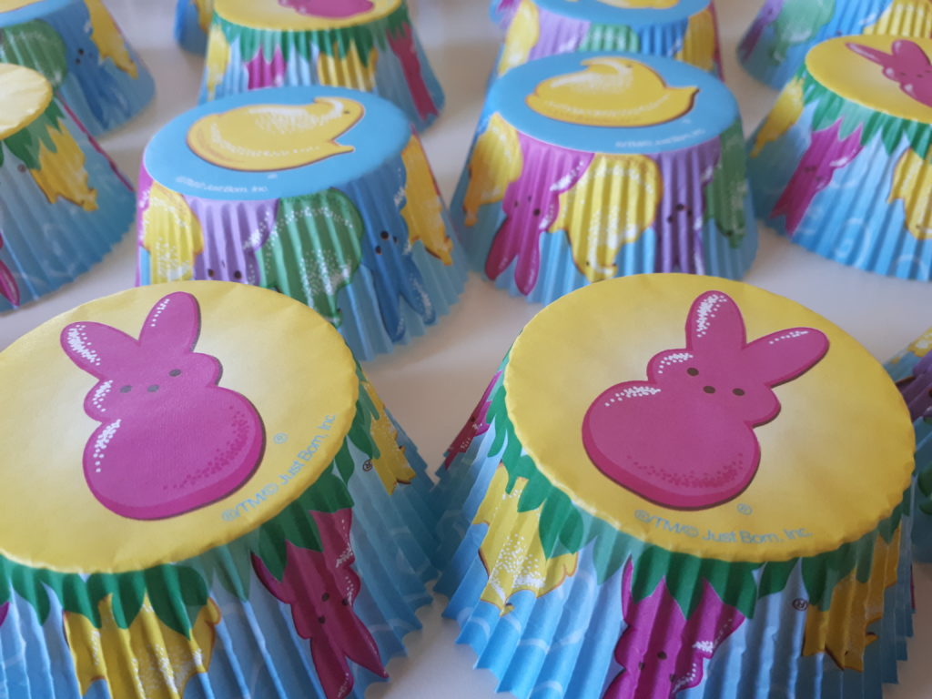 paper cupcake liners, decorated with Easter bunnies