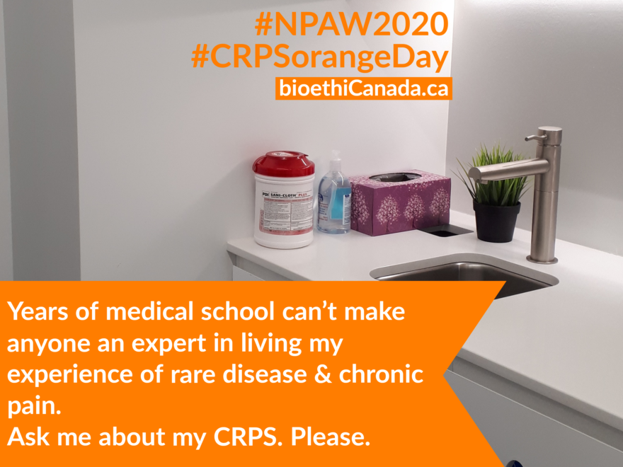 a poster showing a doctor's office, with the words: "Ask me about my CRPS. Please"