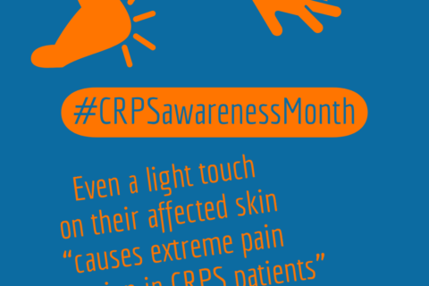 A poster with the words "CRPS Awareness Month" and icon-type gender-neutral images of or a foot and a hand with pain symbols around them