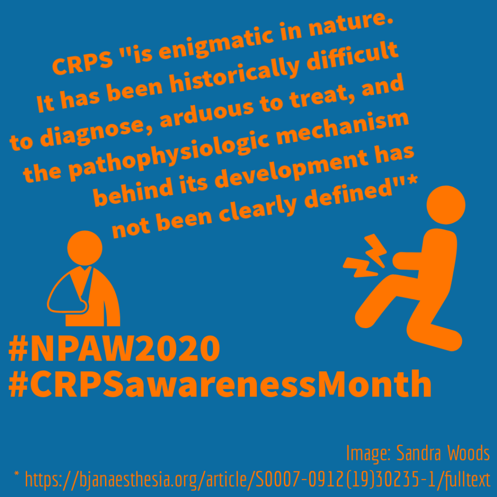 A poster with the words "CRPS Awareness Month" and icon-type gender-neutral images of people in pain; a figure wearing a sling on their arm, and another with pain symbols around its leg