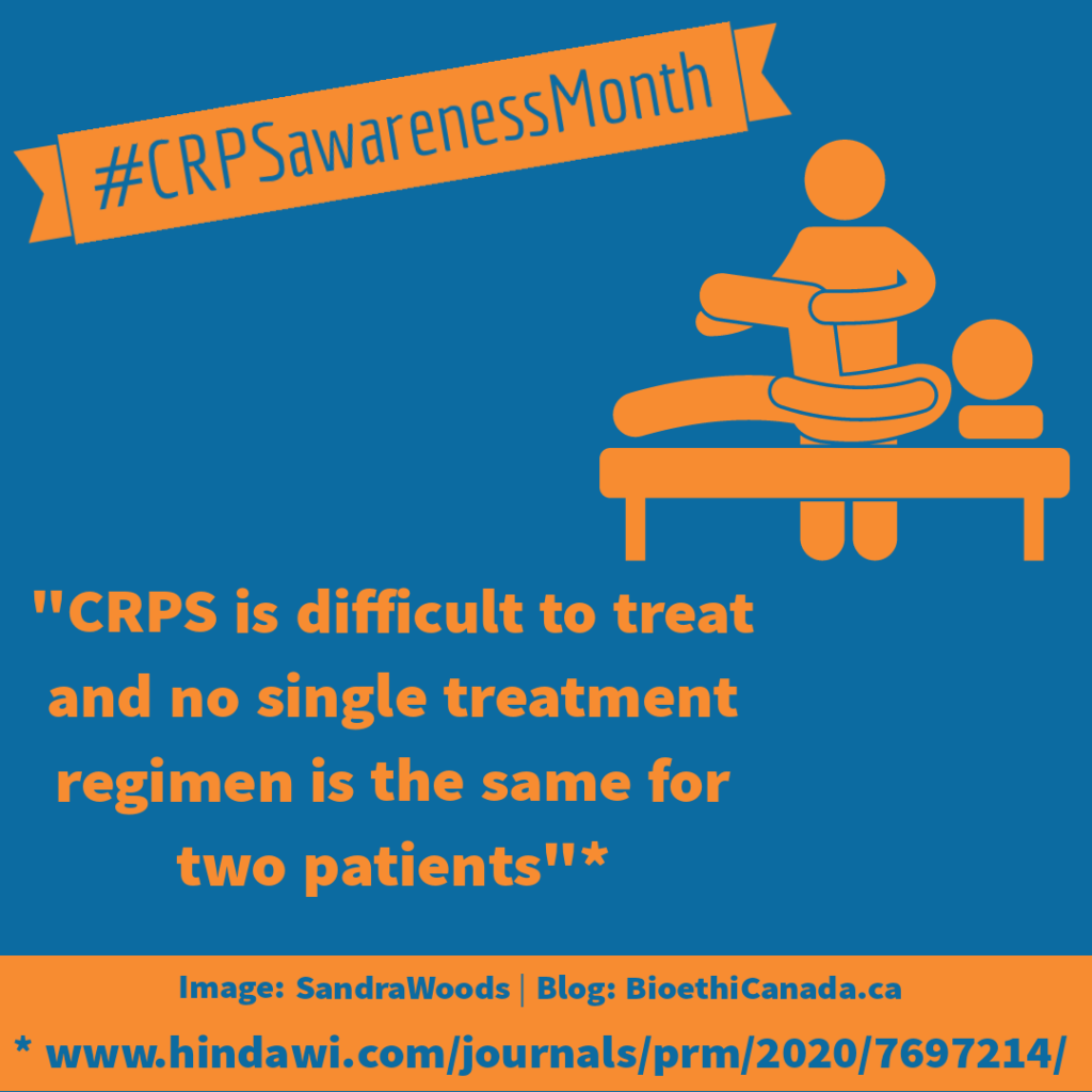 A poster with the words "CRPS Awareness Month" and an icon-type gender-neutral image of a person lying on a treatment bed while their leg is manipulated by a healthcare professional