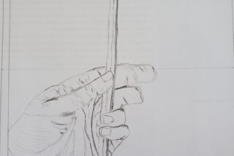 a drawing of a woman's hand, holding a paint brush