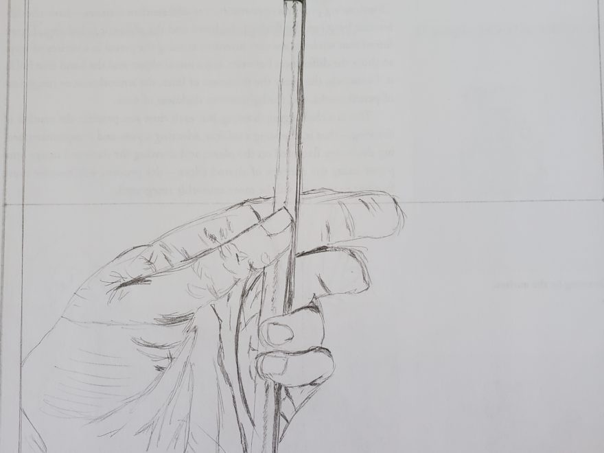 a drawing of a woman's hand, holding a paint brush