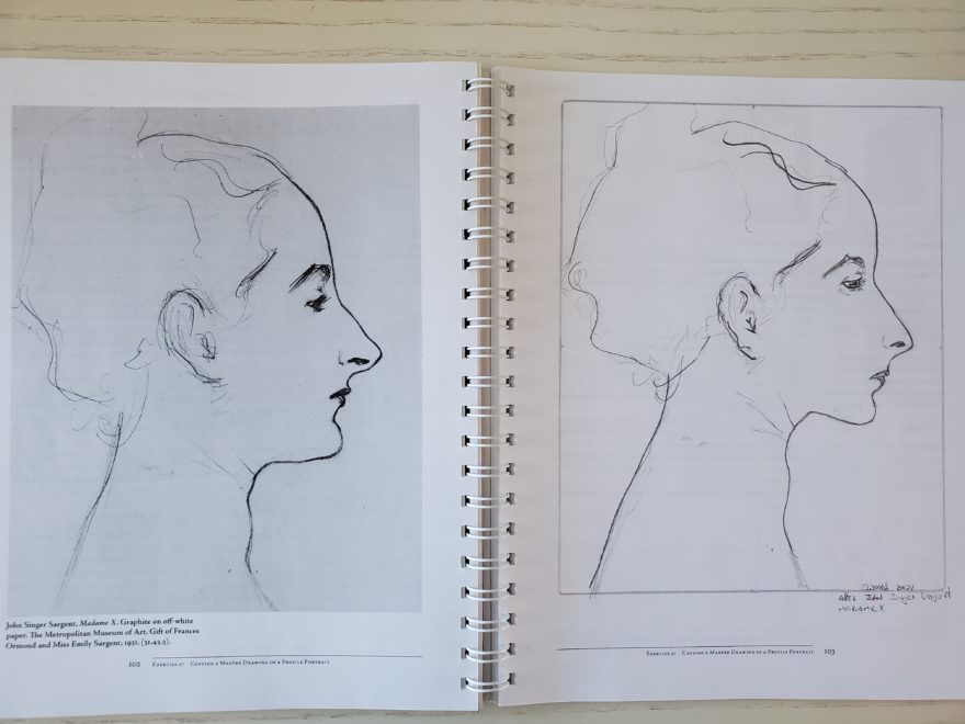 Two drawings side-by-side in an art workbook, one of John Singer Sargent's "Madame X" and the other a copy by the author