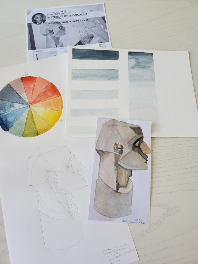 A flyer for an online "Watercolour and Gouache" workshop featuring Jordan Rhodes, from Strathmore art supply company, with a sketch and small watercolour paintings by Sandra Woods