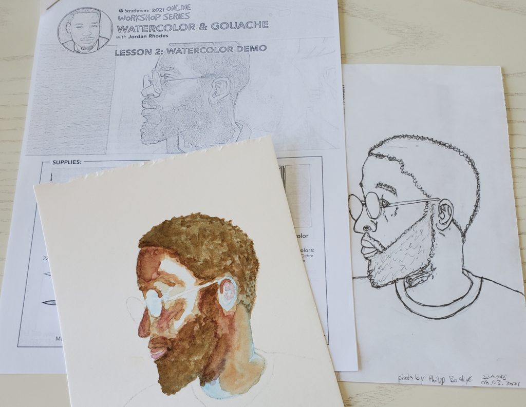 A flyer for an online "Watercolour and Gouache" workshop featuring Jordan Rhodes, from Strathmore art supply company, with a sketch and small unfinished watercolour painting by Sandra Woods