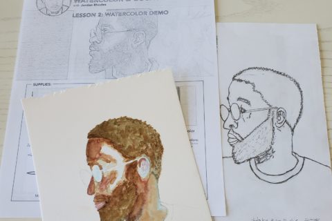 A flyer for an online "Watercolour and Gouache" workshop featuring Jordan Rhodes, from Strathmore art supply company, with a sketch and small unfinished watercolour painting by Sandra Woods