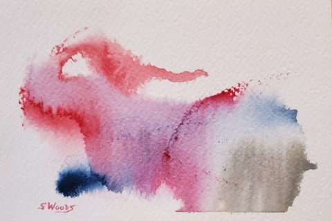 a semi-abstract watercolour painting of an elephant, throwing water over its back with its trunk