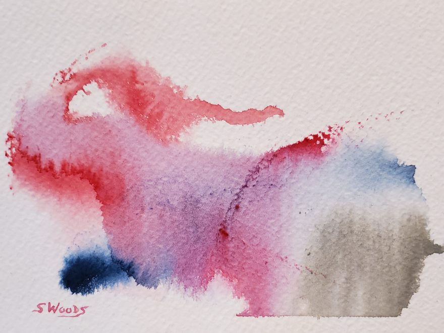 a semi-abstract watercolour painting of an elephant, throwing water over its back with its trunk