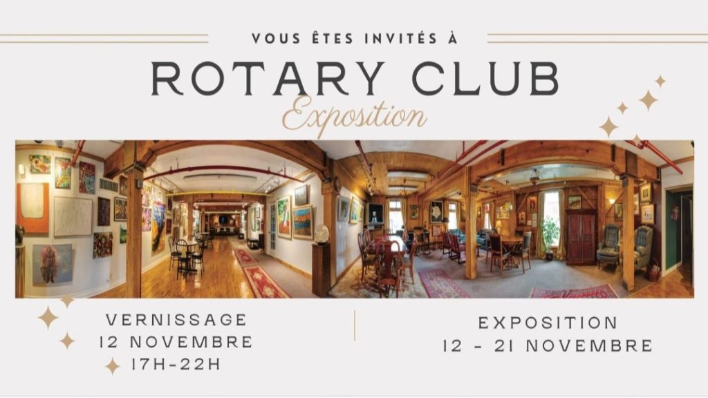 A photo collage of several of the gallery rooms at the Centre d'art Montréal Art Centre (CAMAC), on an invitation to the Opening night of the Rotary Club exposition on November 12, 2021