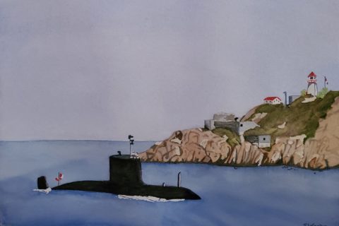 A watercolour painting of a submarine sailing in front of a rocky point, with a lighthouse and some ruins