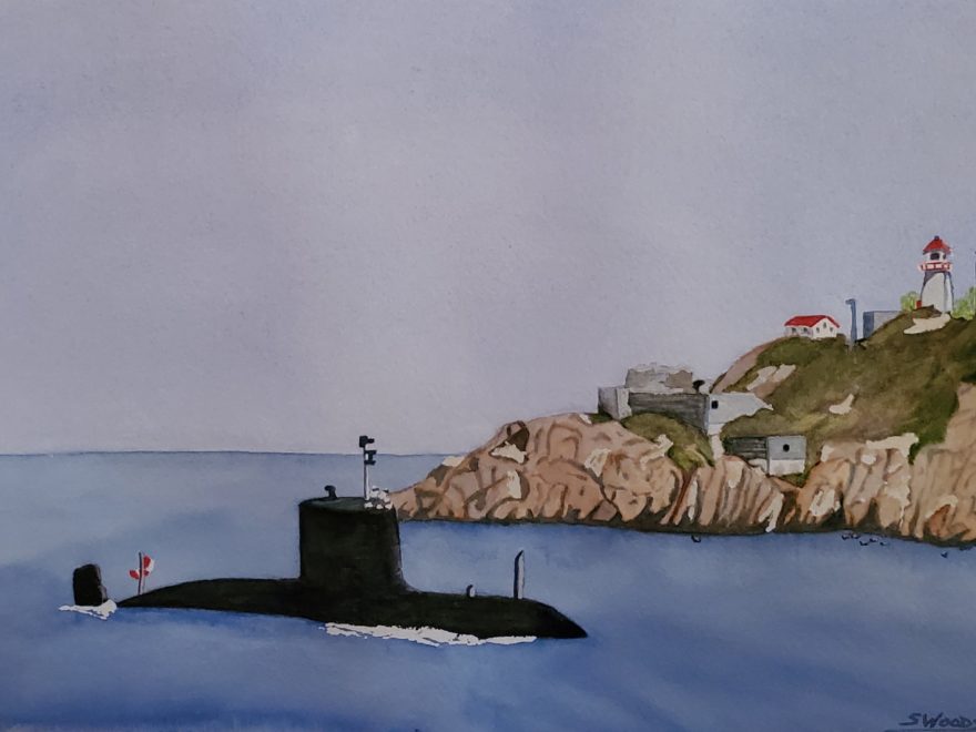 A watercolour painting of a submarine sailing in front of a rocky point, with a lighthouse and some ruins