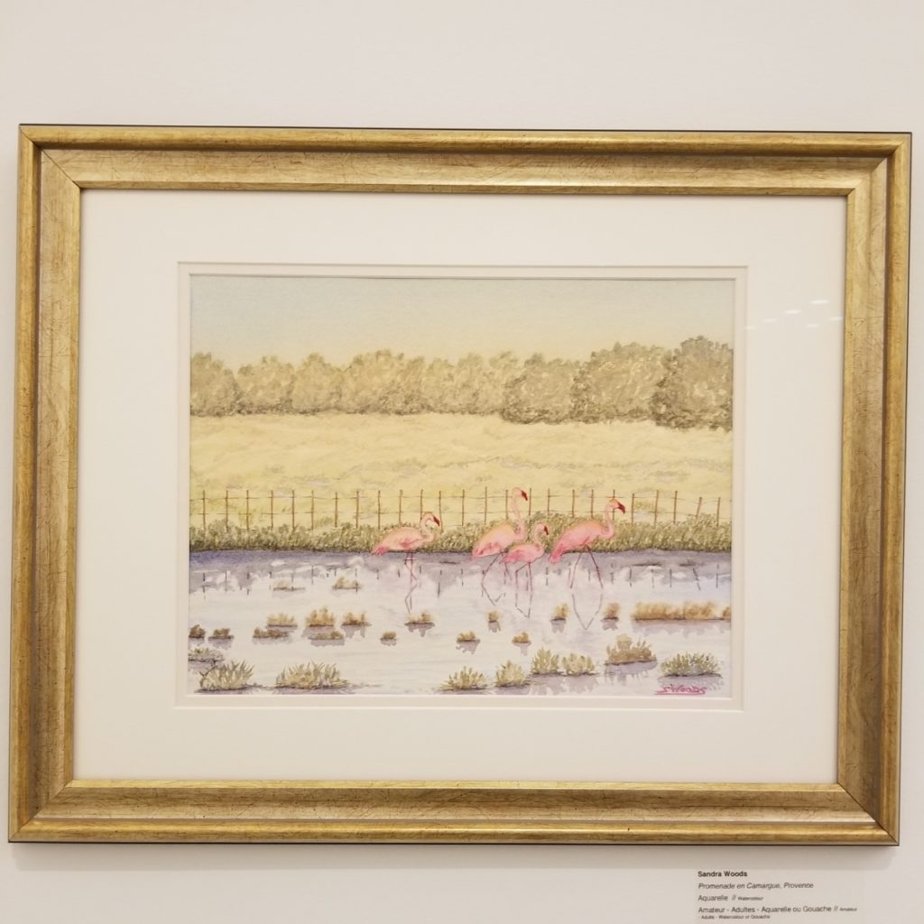 Sandra Woods' watercolour painting of flamingos, at the Pierrefonds Library on December 17, 2021