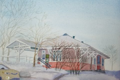 A watercolour painting, by Sandra Woods, of an old wooden train station near Montréal