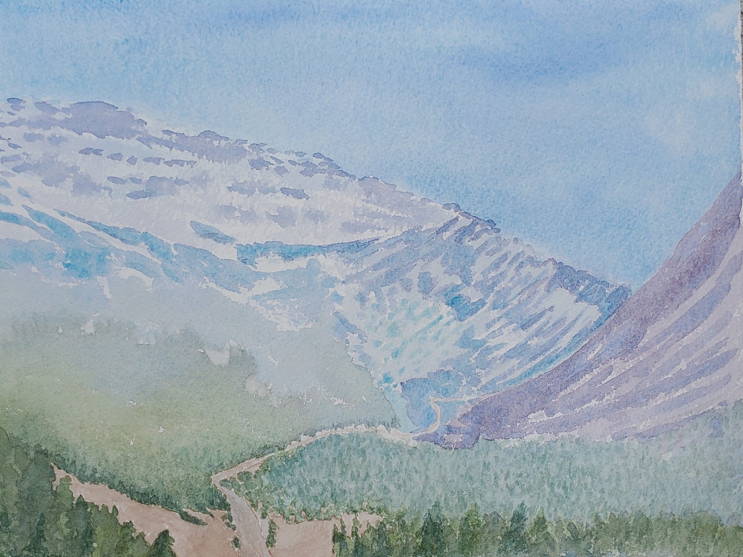 A watercolour painting, by Sandra Woods, of a road winding through the Canadian Rockies