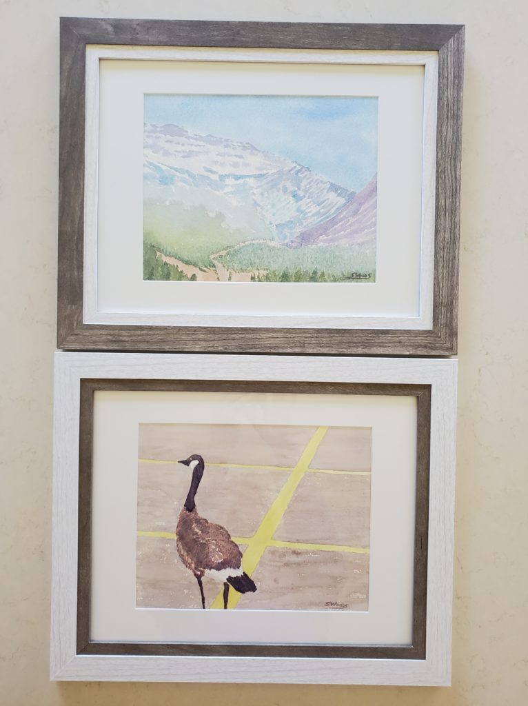 Two framed watercolour painting,s by Sandra Woods. One of a Canada goose in a parking lot, and the other of a road through the Rocky Mountains