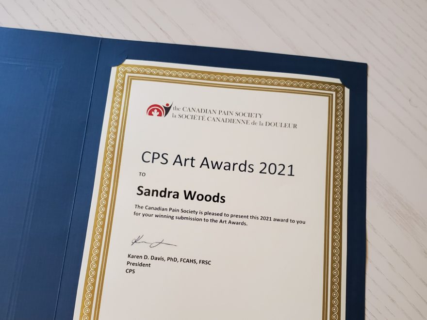 A certificate issued to Sandra Woods as winner of the Canadian Pain Society 2021 Art Awards