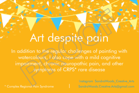 A printer's proof of an awareness card for CRPS and chronic pain, created by Sandra Woods; the text is provided in the blog text