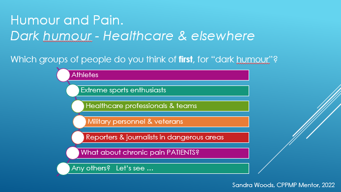 A slide asking viewers what groups they think of first, as using dark humour