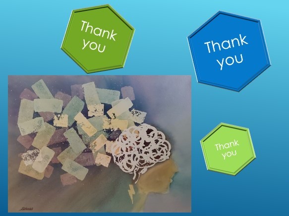 A slide from my PowerPoint presentation, saying "Thank you". Also shown on the slide is a semi-abstract watercolour painting by Sandra Woods, showing a woman's head and brain with squares and rectangles of different colours spilling out the back of her brain.
