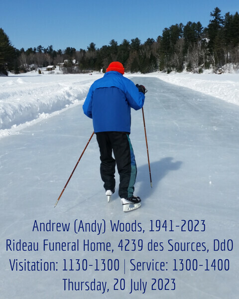 An older man skating on a lake, with his back to the camera, Information about his funeral service is shown at the bottom of the image.