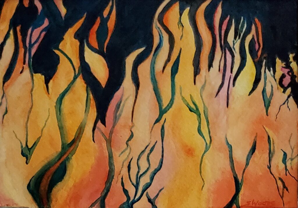 a watercolour painting of imagined nerves against a bed of flames